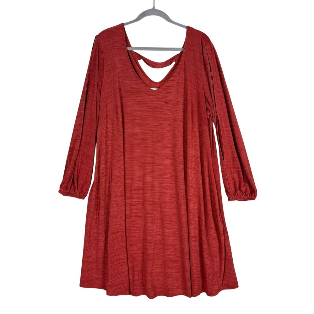 Signature By Robbie Bee Dress Womens 1X Red V Neck Swing Long Sleeve Pockets